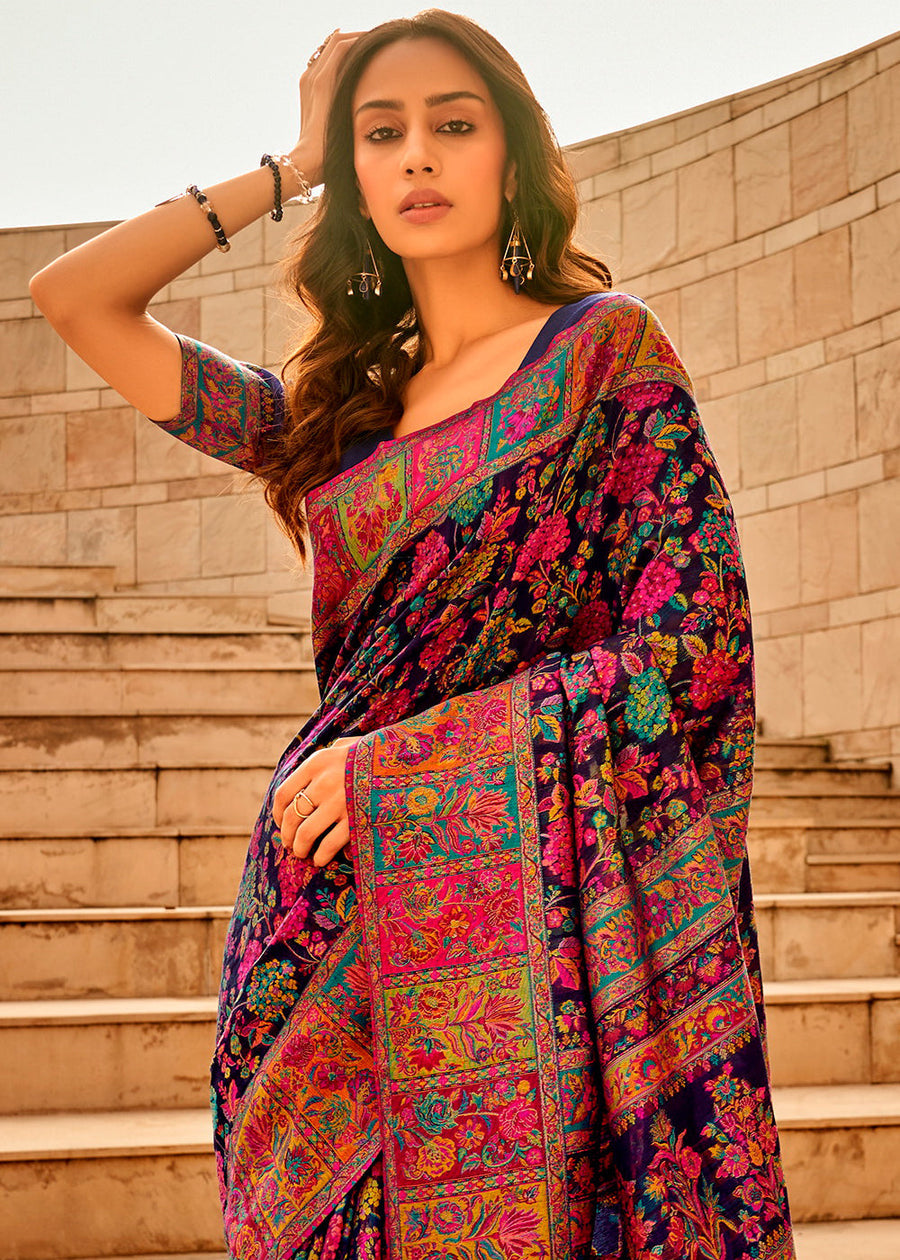 Pure Kashmiri Silk Handloom Weaving Navy Blue Saree