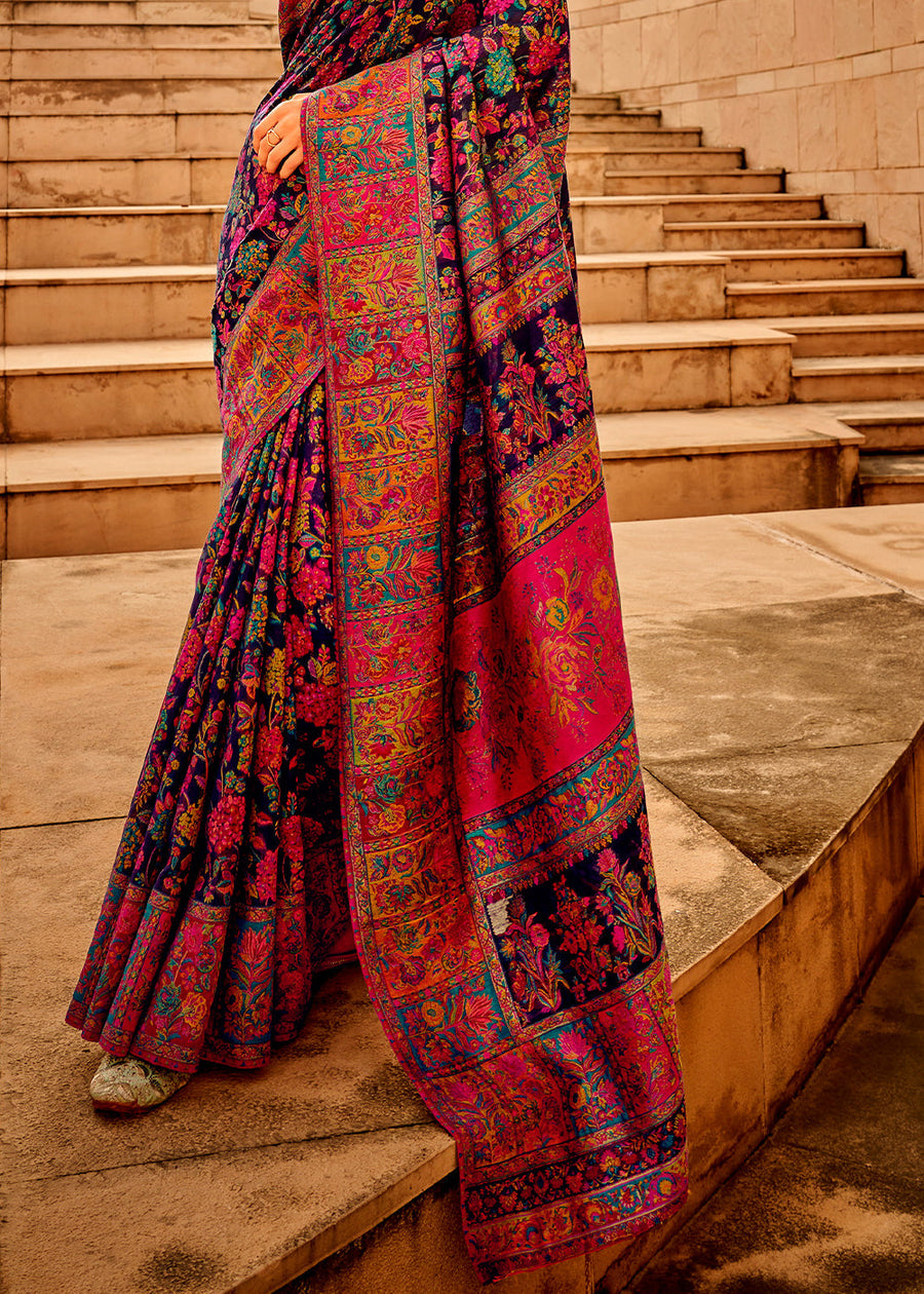 Pure Kashmiri Silk Handloom Weaving Navy Blue Saree