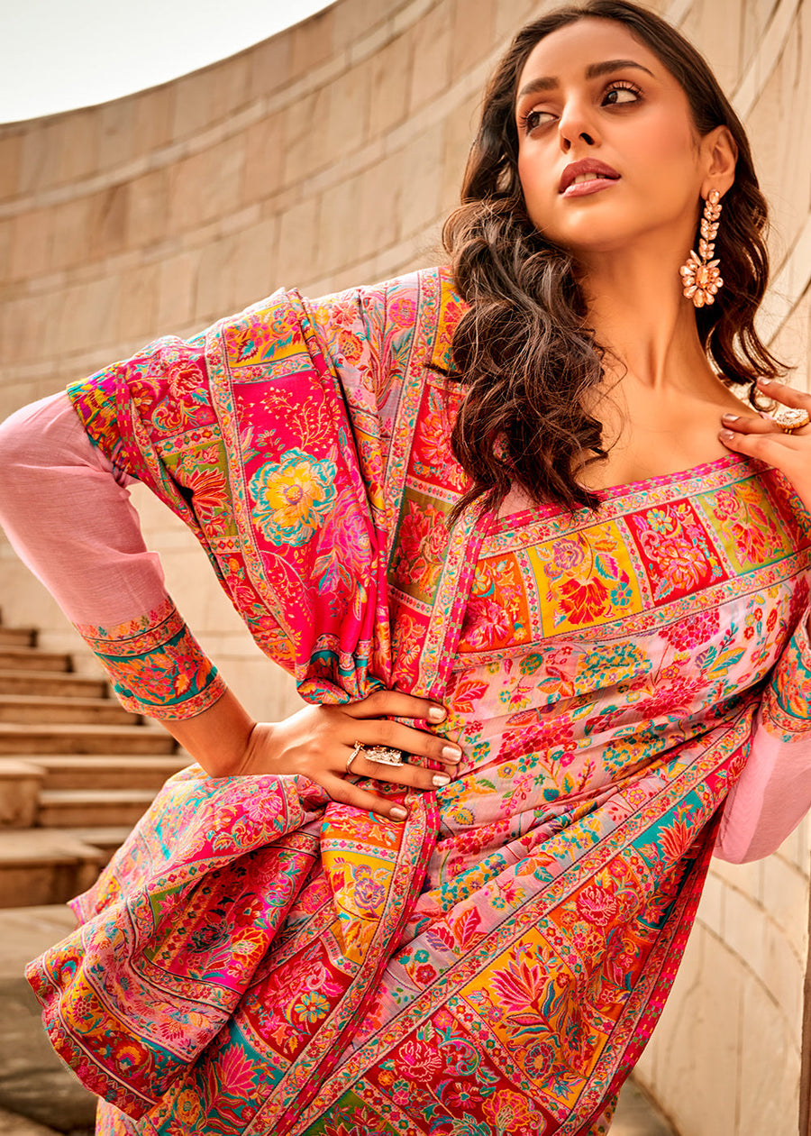 Pure Kashmiri Silk Handloom Weaving Pastel Pink Saree