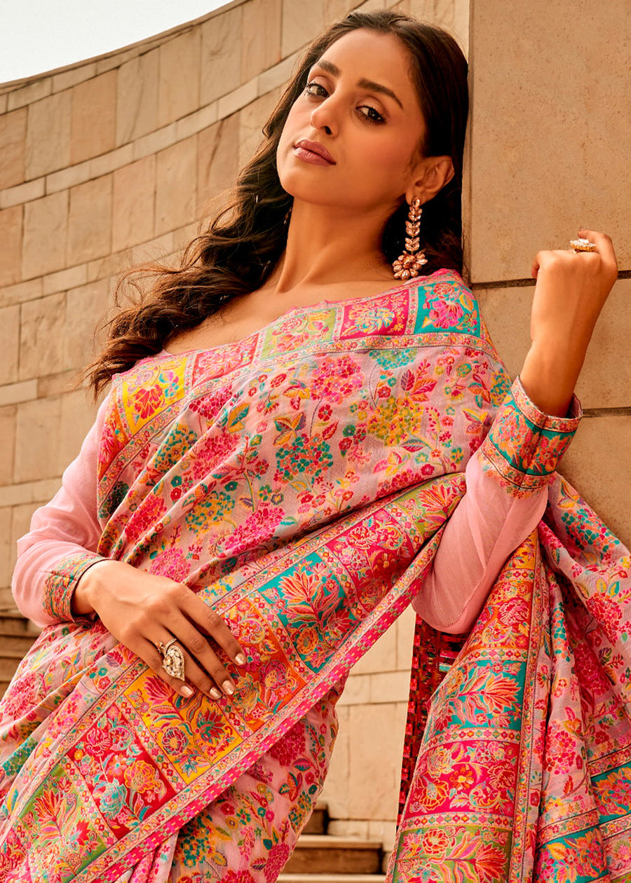 Pure Kashmiri Silk Handloom Weaving Pastel Pink Saree