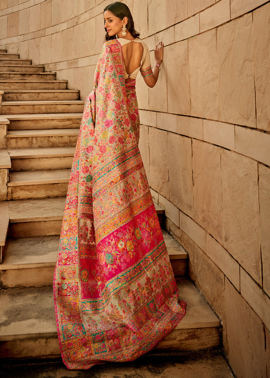 Pure Kashmiri Silk Handloom Off White Saree with Multicolor Weaving