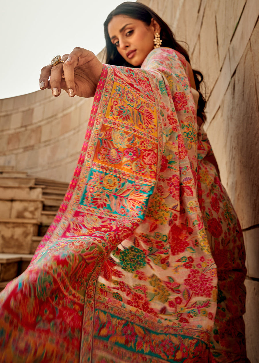 Pure Kashmiri Silk Handloom Off White Saree with Multicolor Weaving