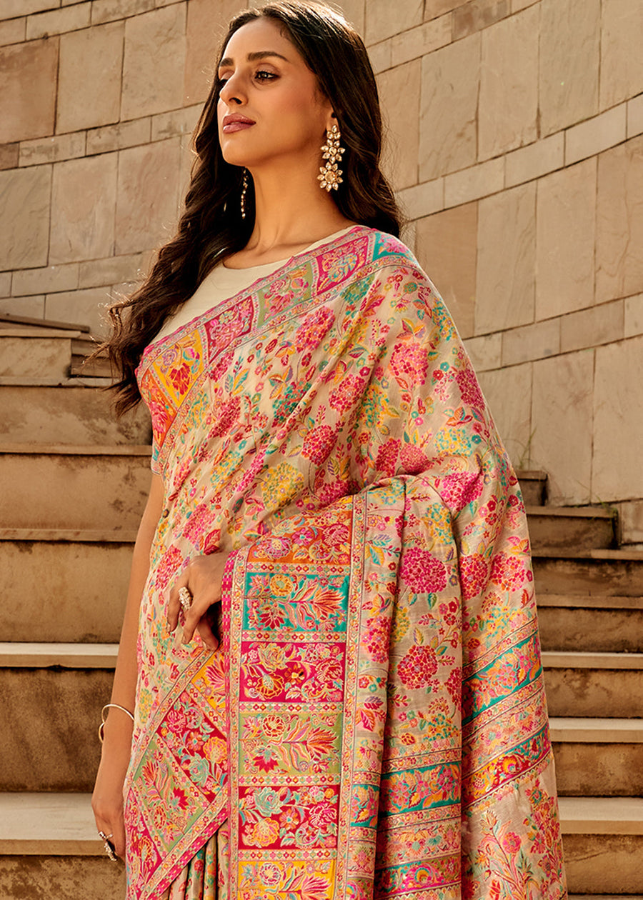 Pure Kashmiri Silk Handloom Off White Saree with Multicolor Weaving