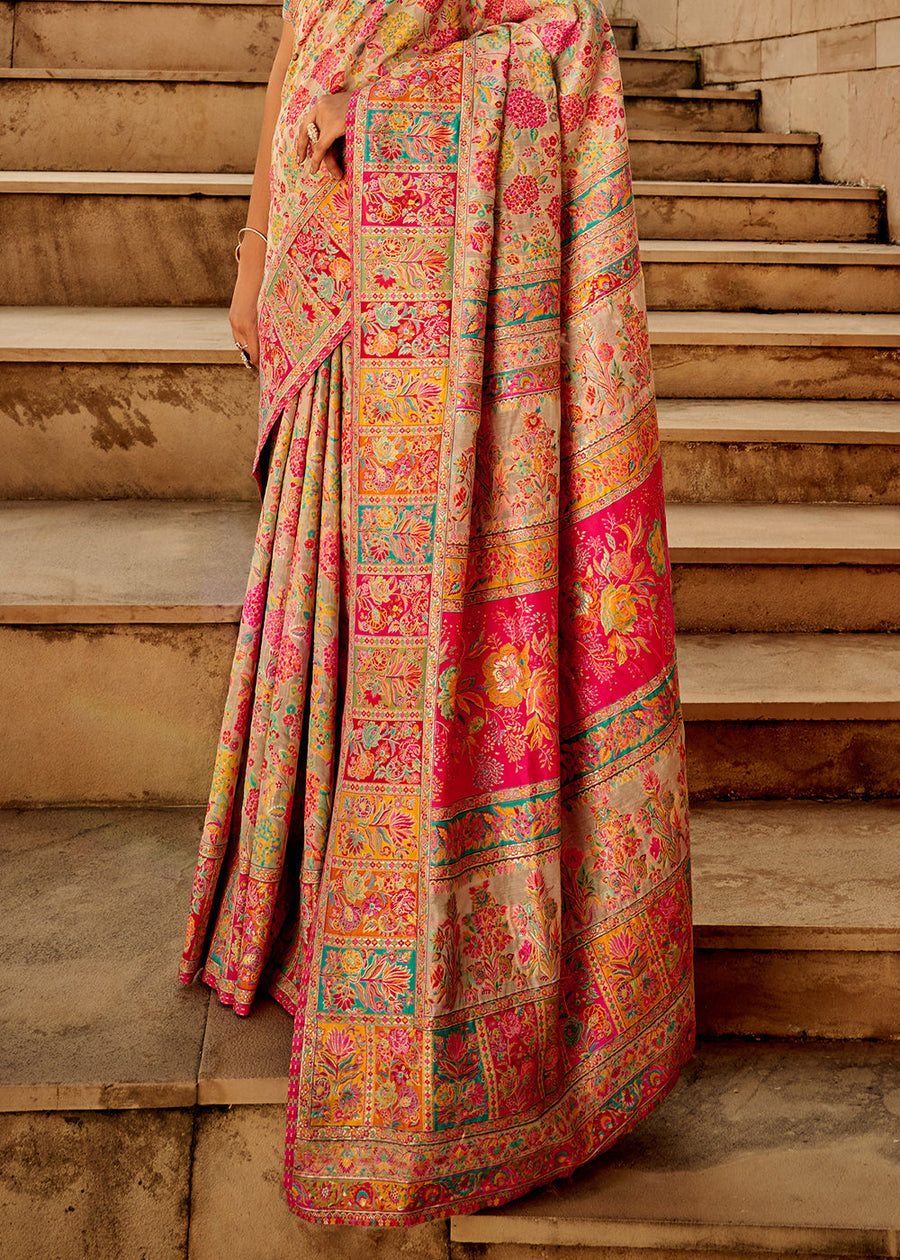 Pure Kashmiri Silk Handloom Off White Saree with Multicolor Weaving