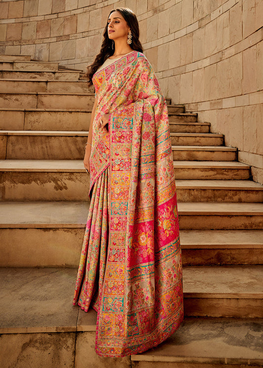 Pure Kashmiri Silk Handloom Off White Saree with Multicolor Weaving