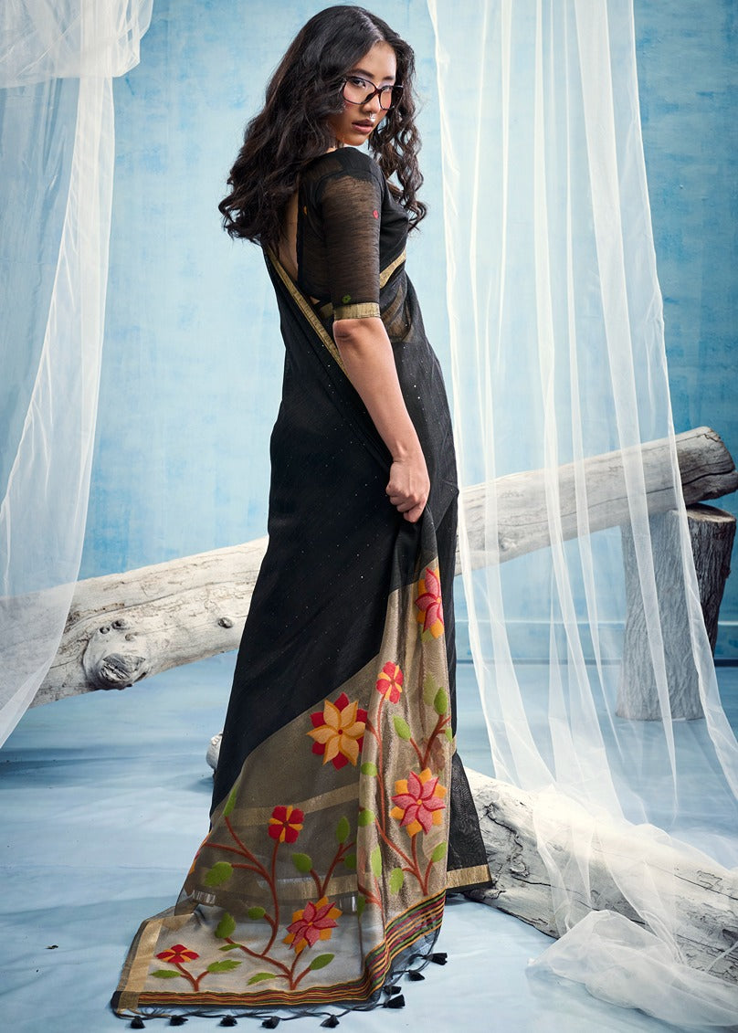 Pure Muga Silk Black & Golden Handloom Paithani Saree