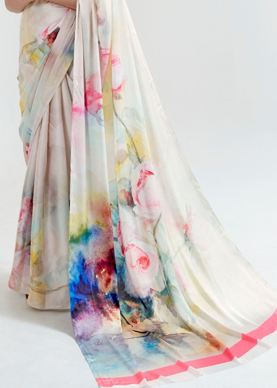 Pure Satin Silk White Floral Printed Saree & Powder Pink Blouse