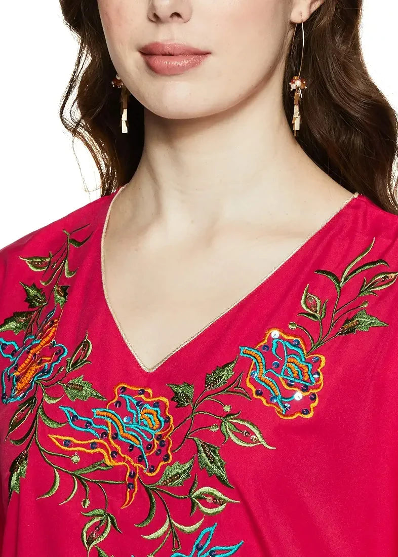Hot Pink Kaftan With Hand Embroidery