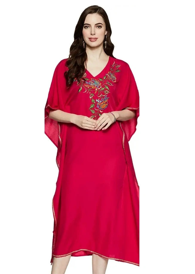 Hot Pink Kaftan With Hand Embroidery