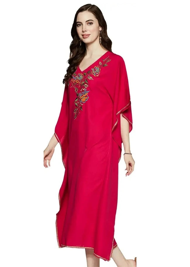Hot Pink Kaftan With Hand Embroidery
