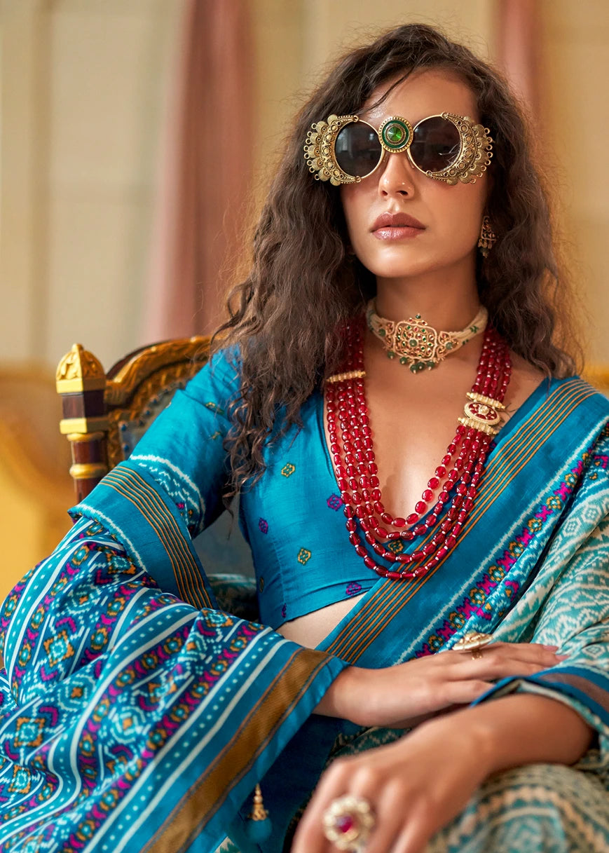 Designer White and Turquoise Blue Patola Silk Saree