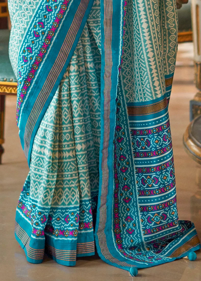 Designer White and Turquoise Blue Patola Silk Saree