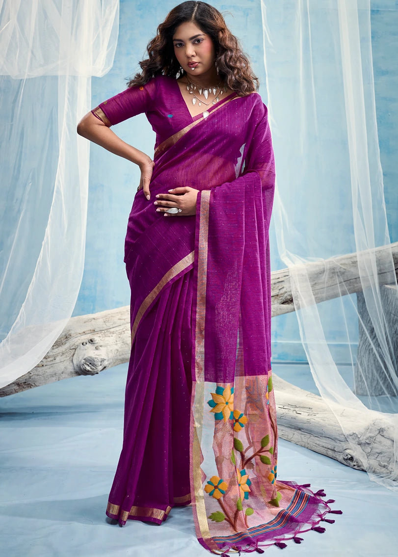 Pure Muga Silk Magenta Pink & Golden Handloom Paithani Saree