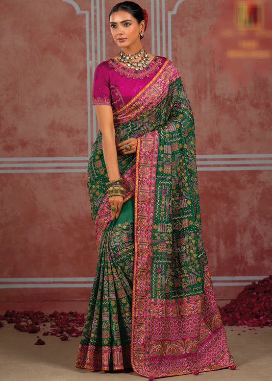 Banarasi Silk Kutchi Dark Green Saree