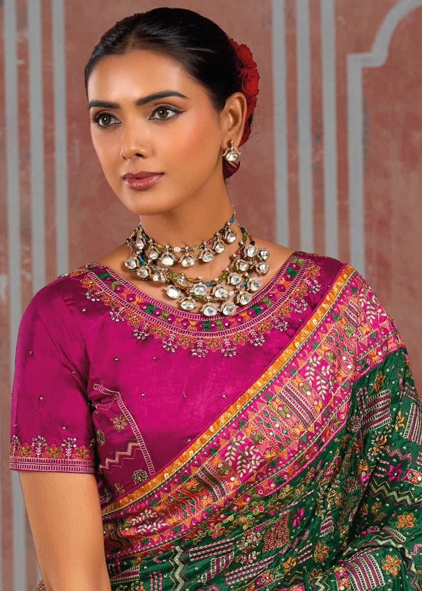 Banarasi Silk Kutchi Dark Green Saree