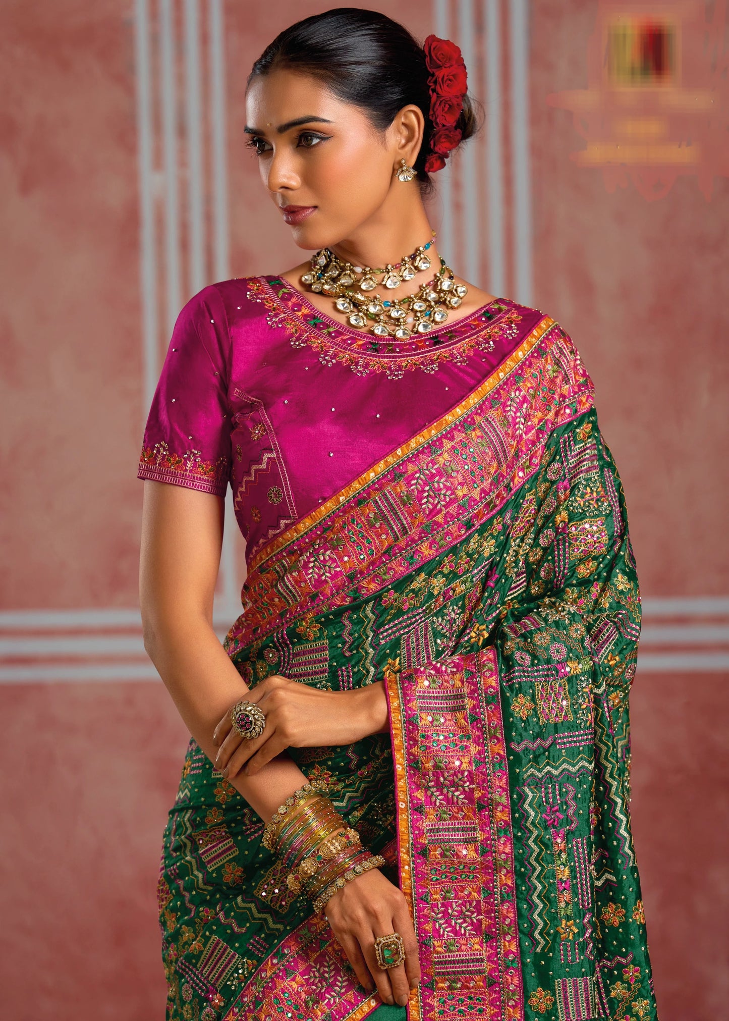 Banarasi Silk Kutchi Dark Green Saree