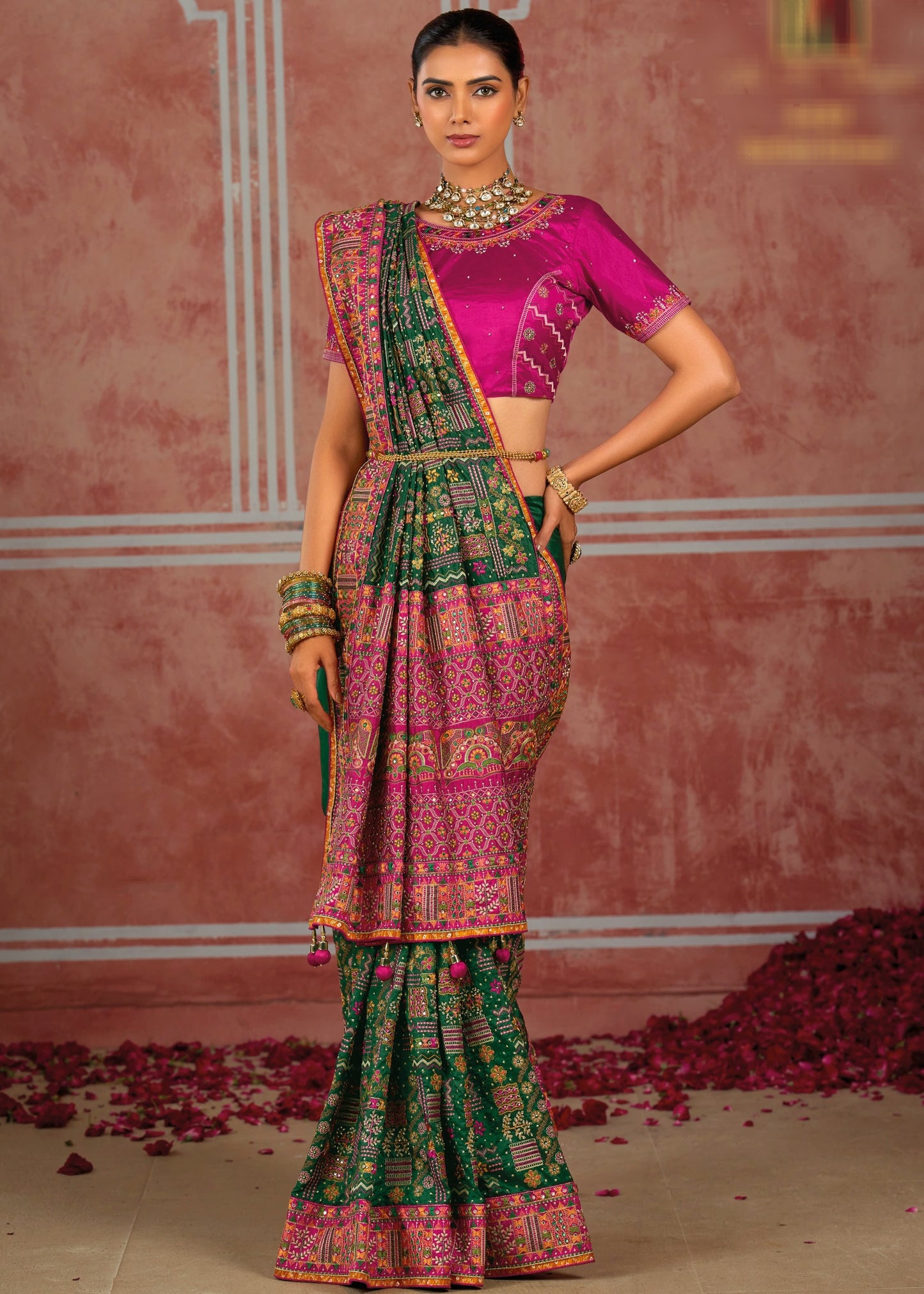 Banarasi Silk Kutchi Dark Green Saree