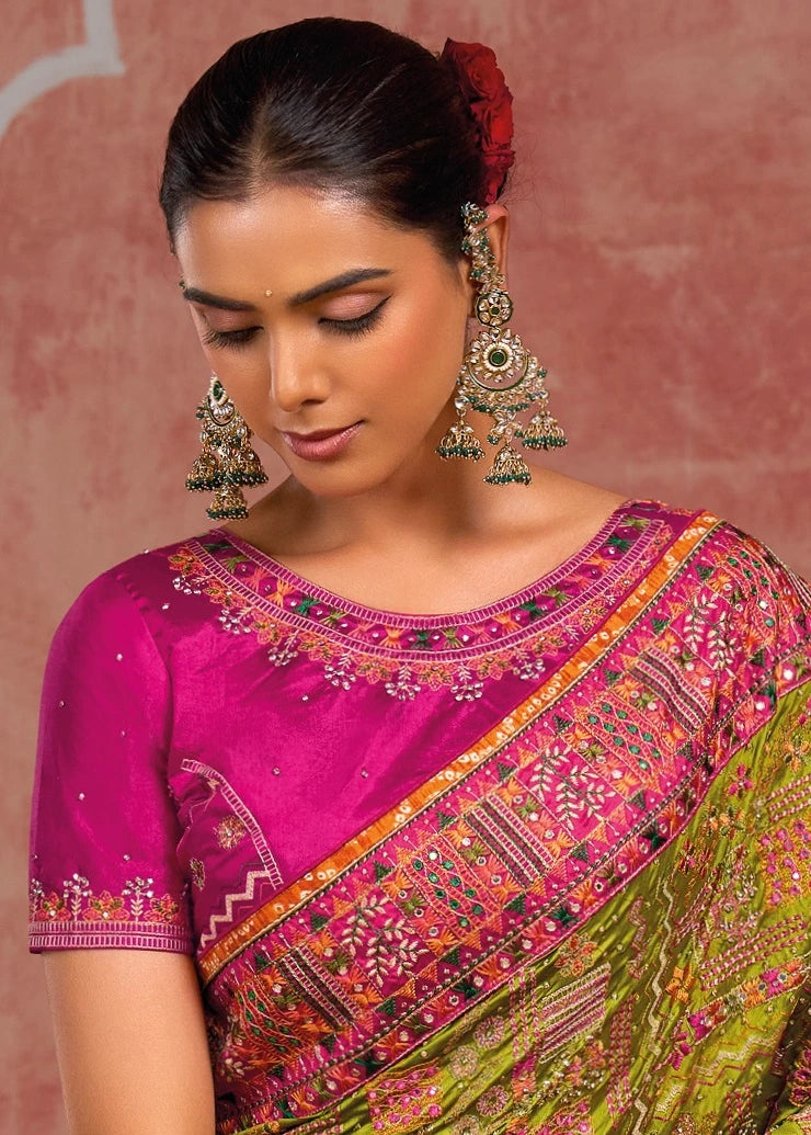 Banarasi Silk Parrot Green Hand Embroidery Kutch Work Saree