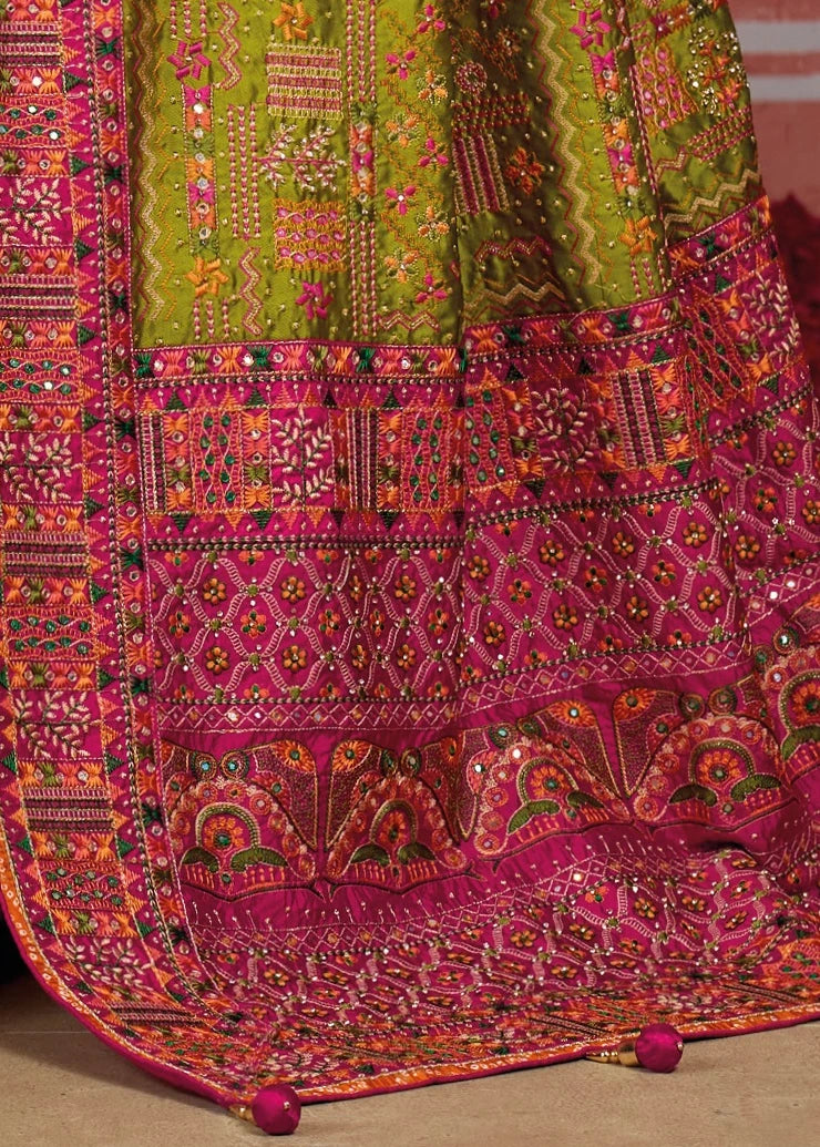 Banarasi Silk Parrot Green Hand Embroidery Kutch Work Saree