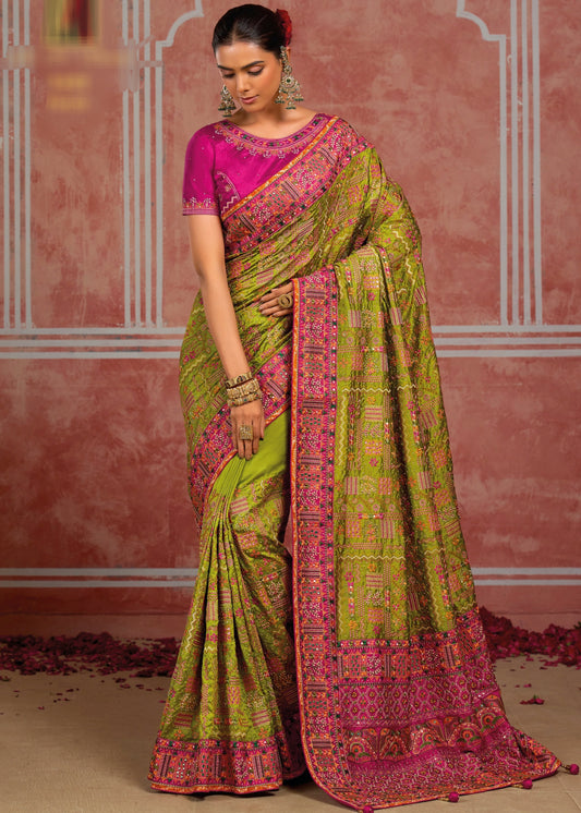 Banarasi Silk Parrot Green Hand Embroidery Kutch Work Saree