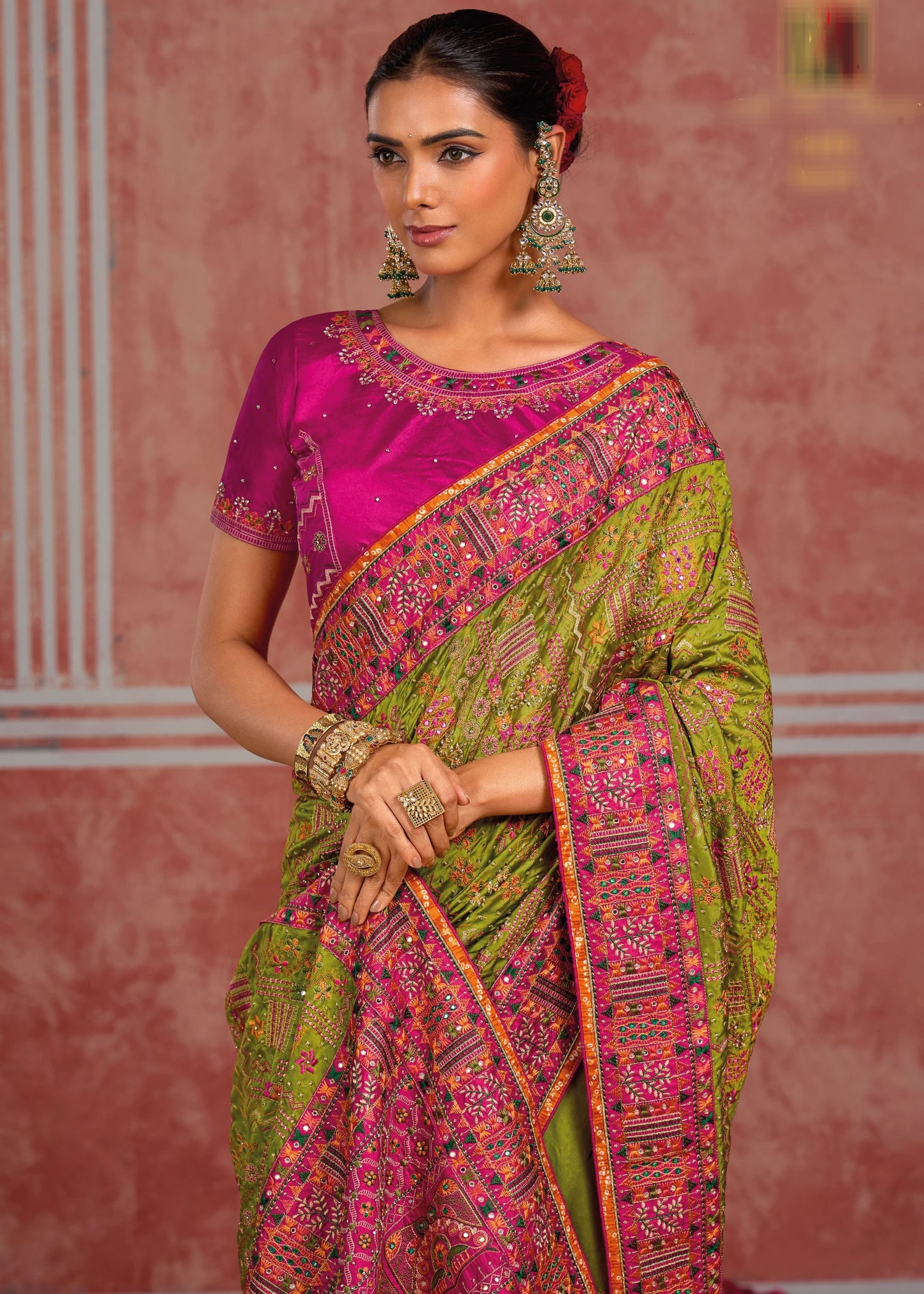 Banarasi Silk Parrot Green Hand Embroidery Kutch Work Saree