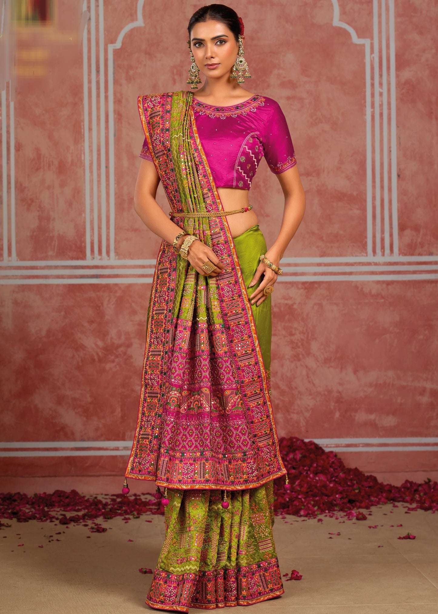 Banarasi Silk Parrot Green Hand Embroidery Kutch Work Saree