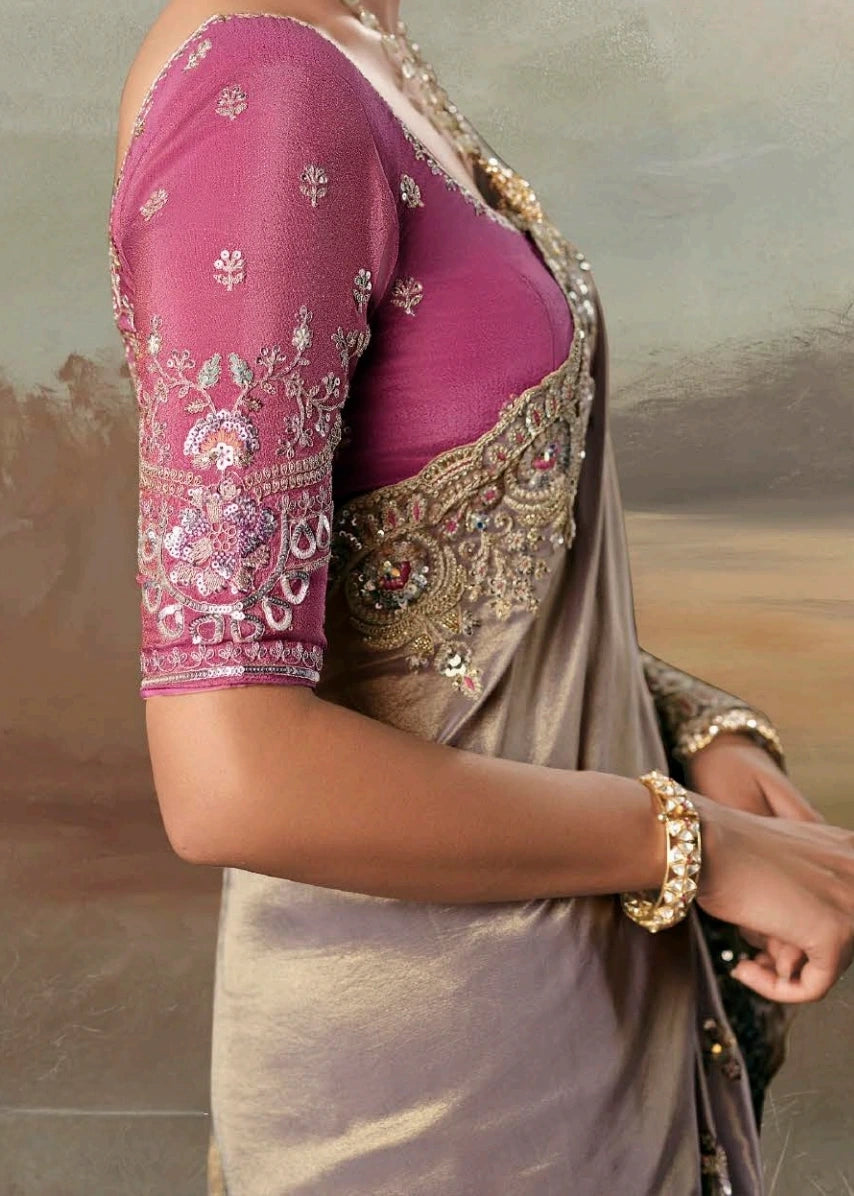 Silver Tissue Silk Embroidered Bridal Saree & Pink Blouse