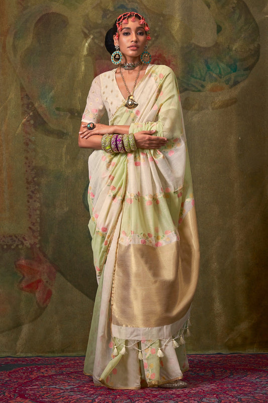 White and Green Handwoven Cotton Silk Saree