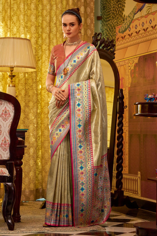 Cream Banarasi Tissue Silk Multicolor Weaving Border Saree