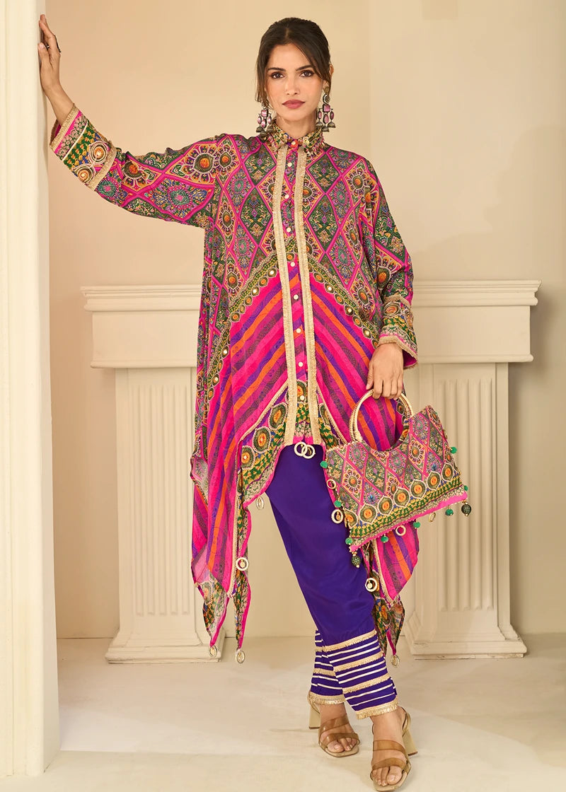 Pure Crepe Silk Purple & Pink Ethnic Motifs Co-Ord Set With Handbag