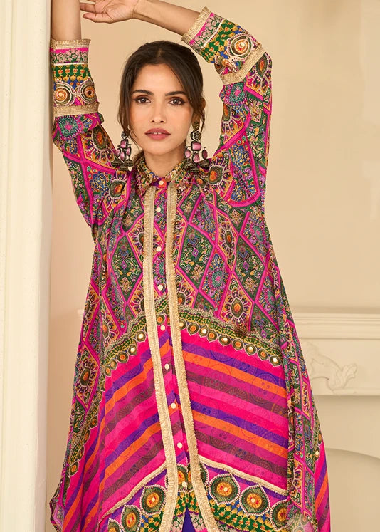 Pure Crepe Silk Purple & Pink Ethnic Motifs Co-Ord Set With Handbag