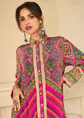 Pure Crepe Silk Purple & Pink Ethnic Motifs Co-Ord Set With Handbag