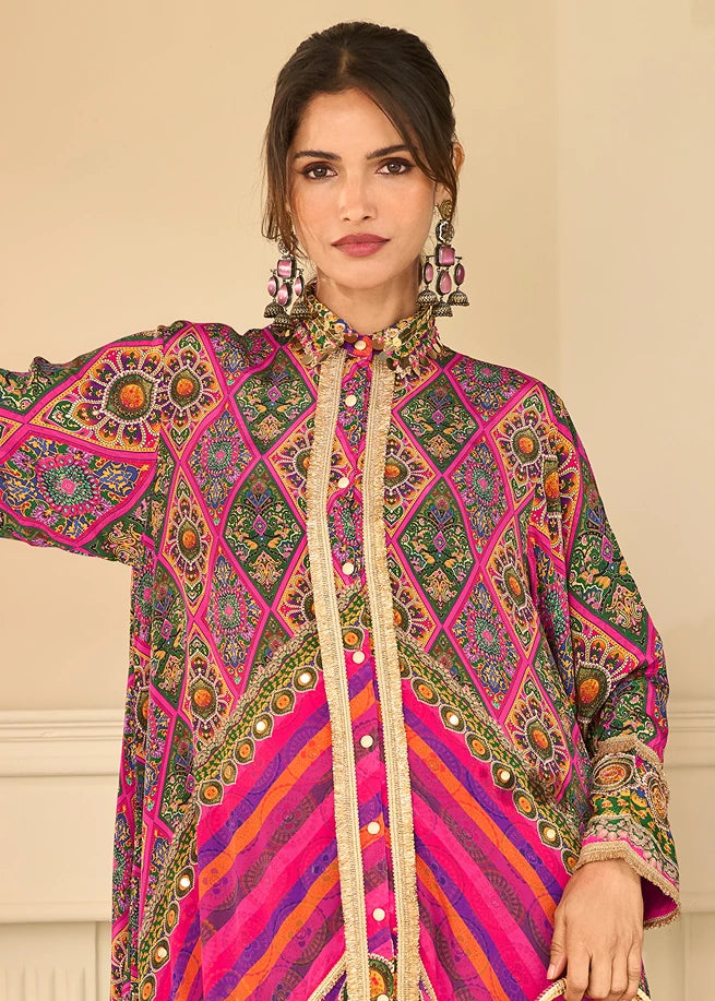 Pure Crepe Silk Purple & Pink Ethnic Motifs Co-Ord Set With Handbag