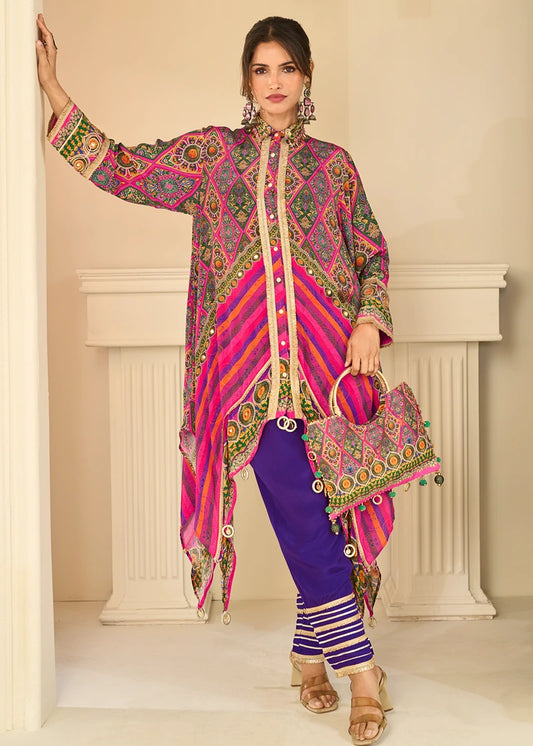 Pure Crepe Silk Purple & Pink Ethnic Motifs Co-Ord Set With Handbag