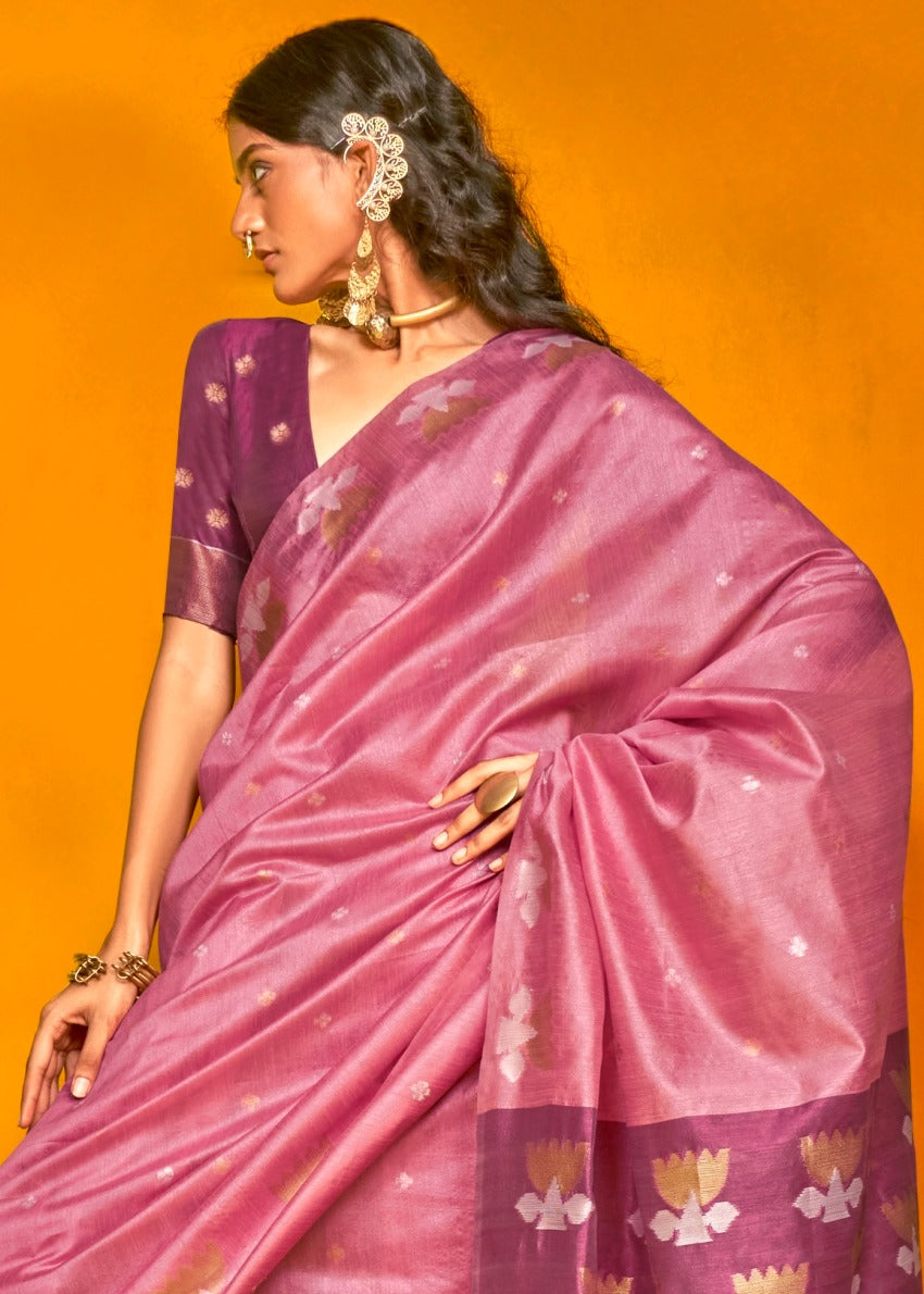 Pure Handloom Pink Tussar Silk Saree in Two Tone