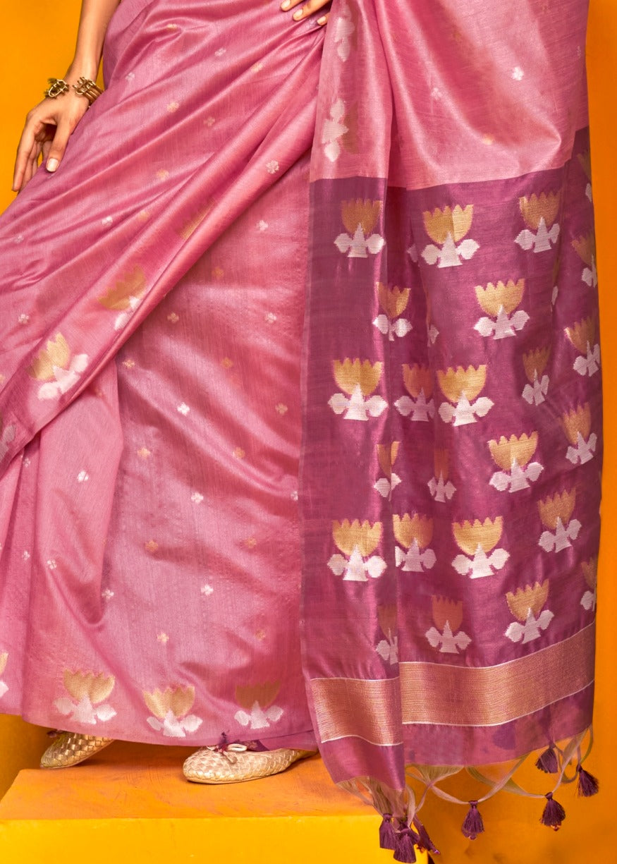 Pure Handloom Pink Tussar Silk Saree in Two Tone