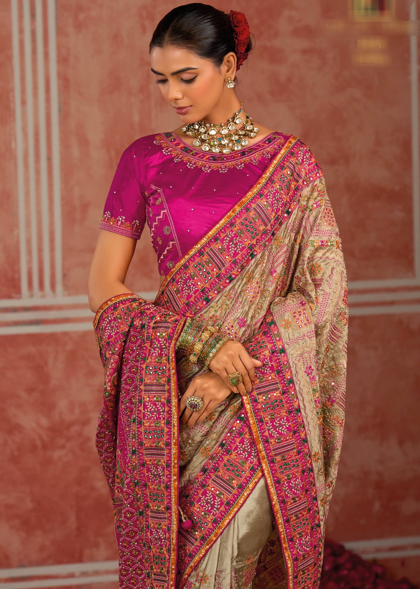 Banarasi Silk Kutchi Bhujodi Beige Saree With Rani Pink Blouse