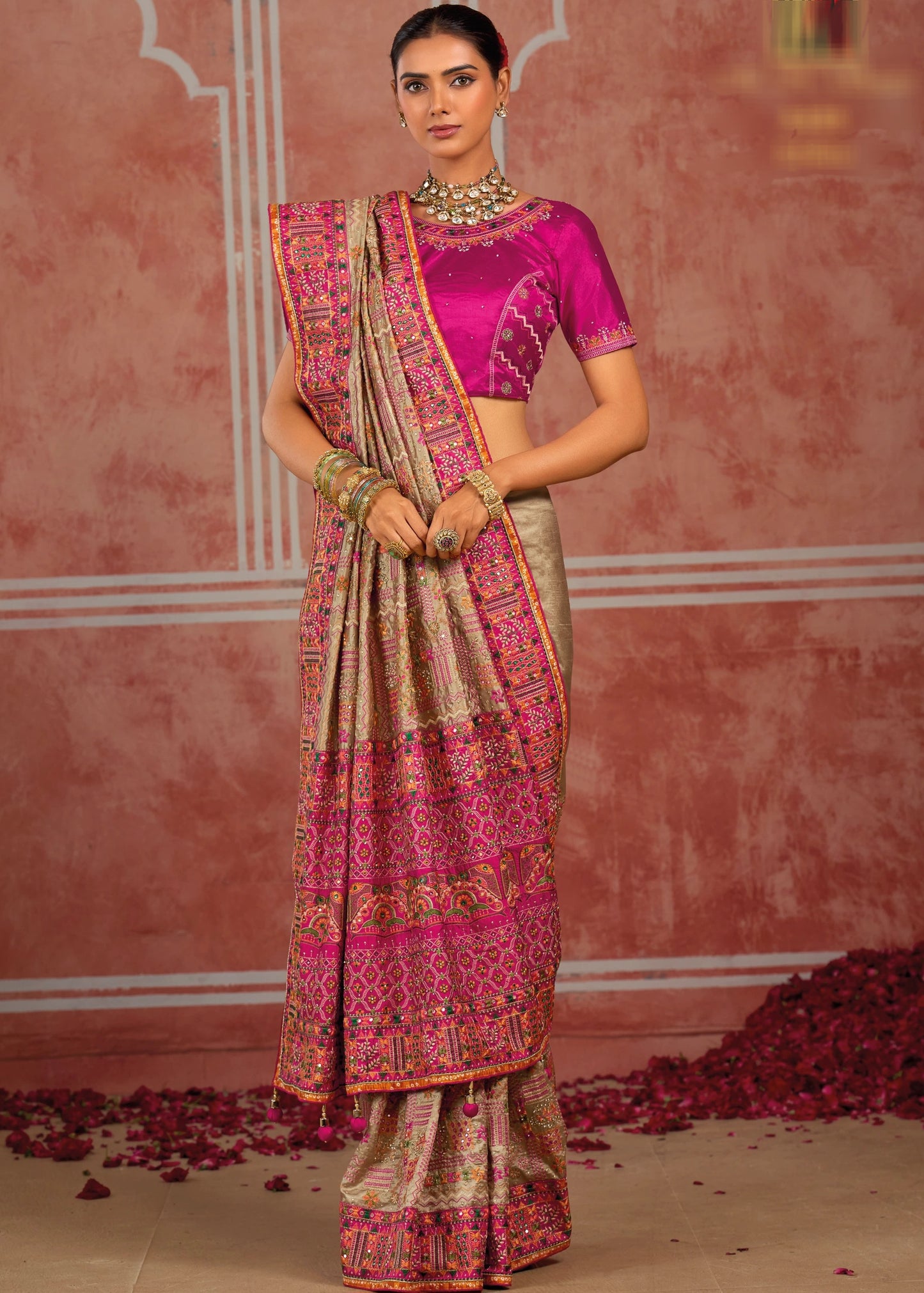 Banarasi Silk Kutchi Bhujodi Beige Saree With Rani Pink Blouse