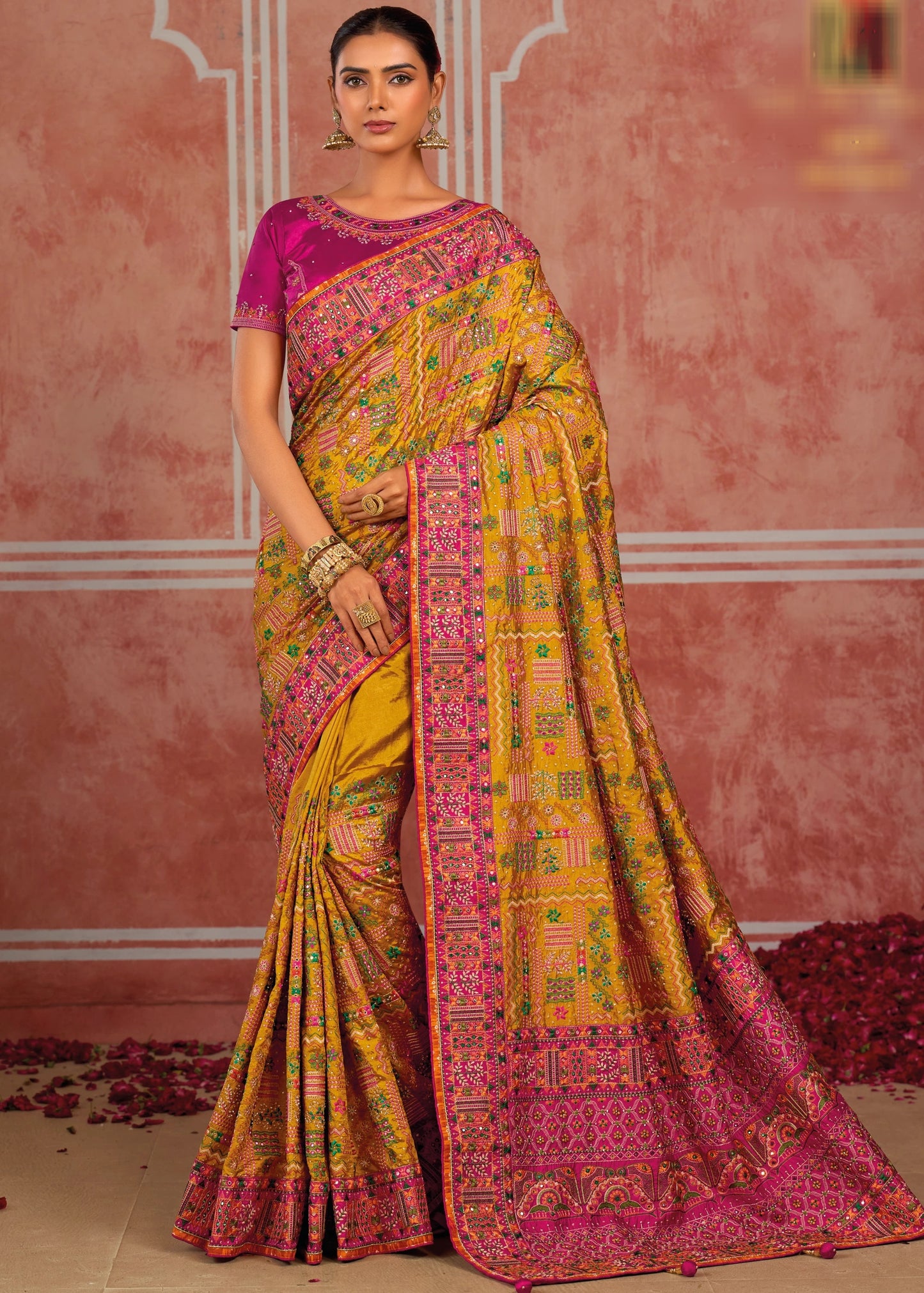 Banarasi Silk Kutchi Bhujodi Yellow Gujarati Saree With Rani Pink Blouse
