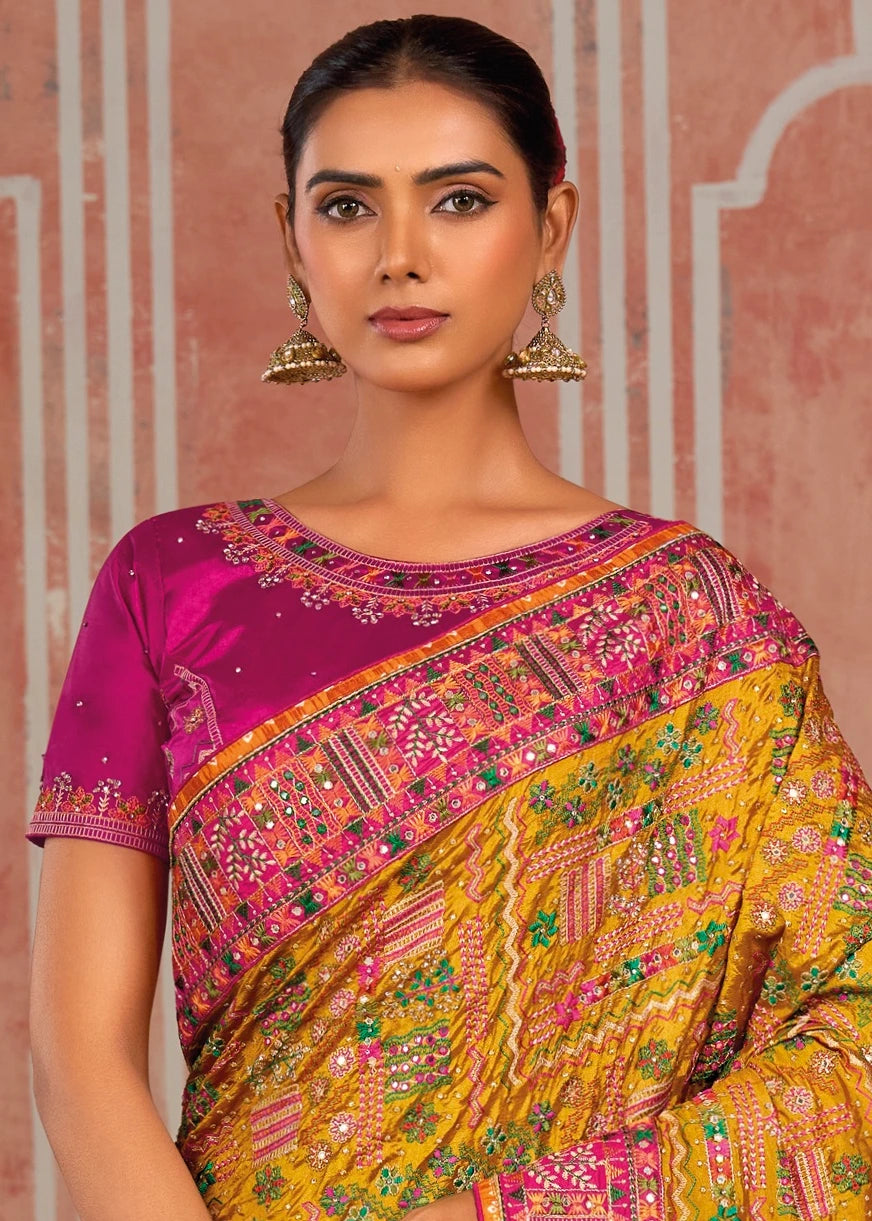 Banarasi Silk Kutchi Bhujodi Yellow Gujarati Saree With Rani Pink Blouse