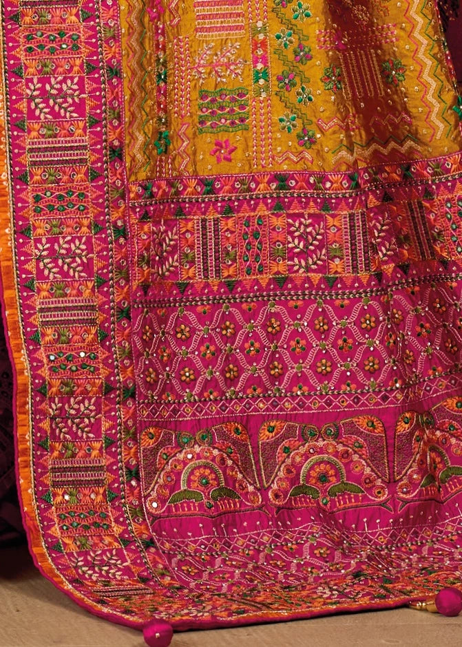 Banarasi Silk Kutchi Bhujodi Yellow Gujarati Saree With Rani Pink Blouse