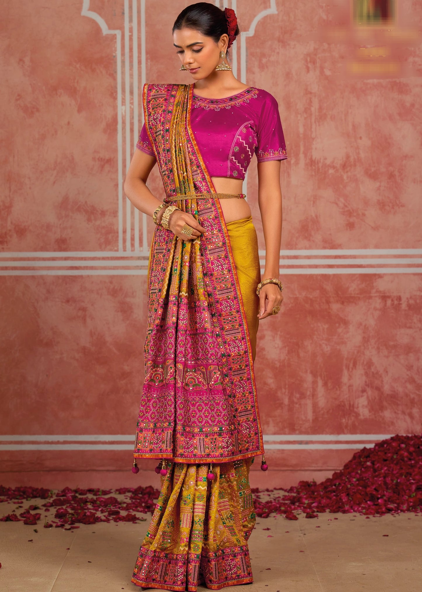 Banarasi Silk Kutchi Bhujodi Yellow Gujarati Saree With Rani Pink Blouse