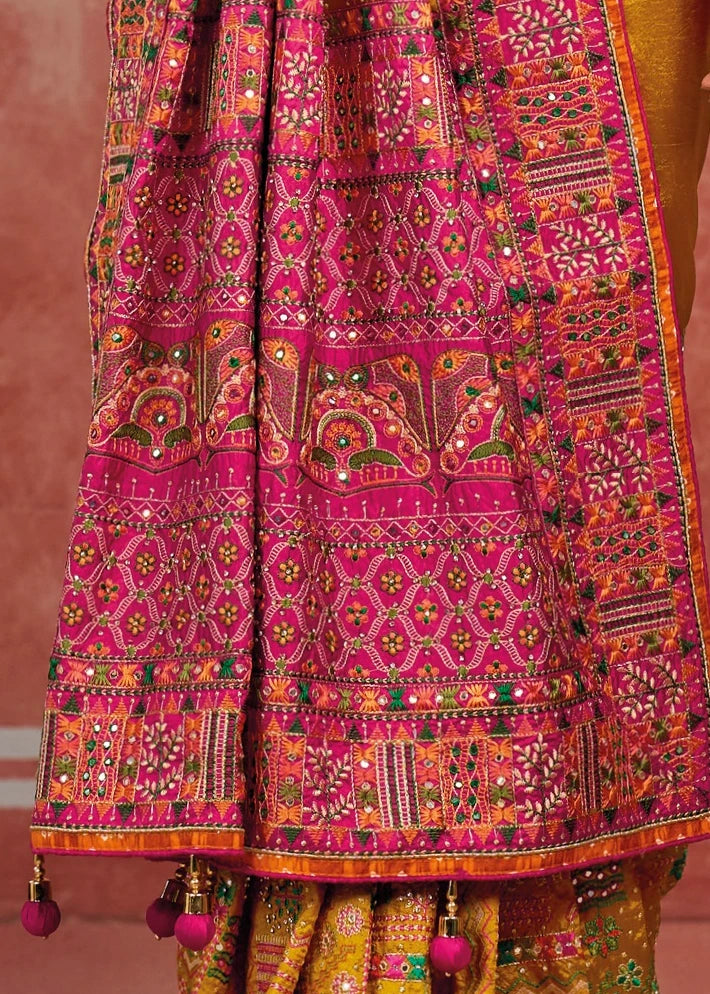 Banarasi Silk Kutchi Bhujodi Yellow Gujarati Saree With Rani Pink Blouse