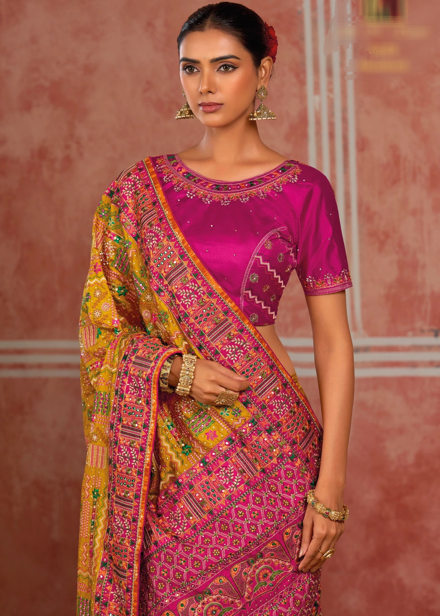 Banarasi Silk Kutchi Bhujodi Yellow Gujarati Saree With Rani Pink Blouse