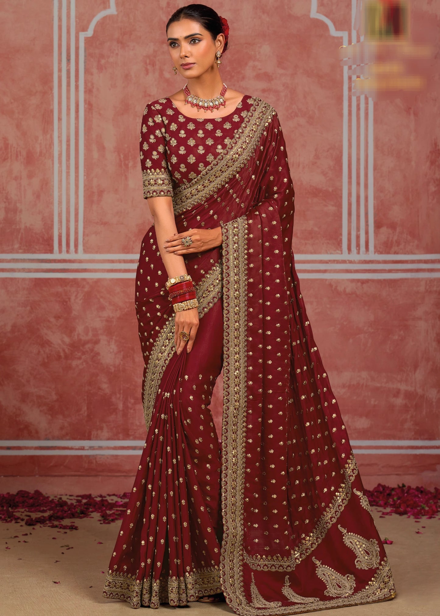 Deep Red & Golden Banarasi Silk Hand Embroidered Bridal Sequins Saree