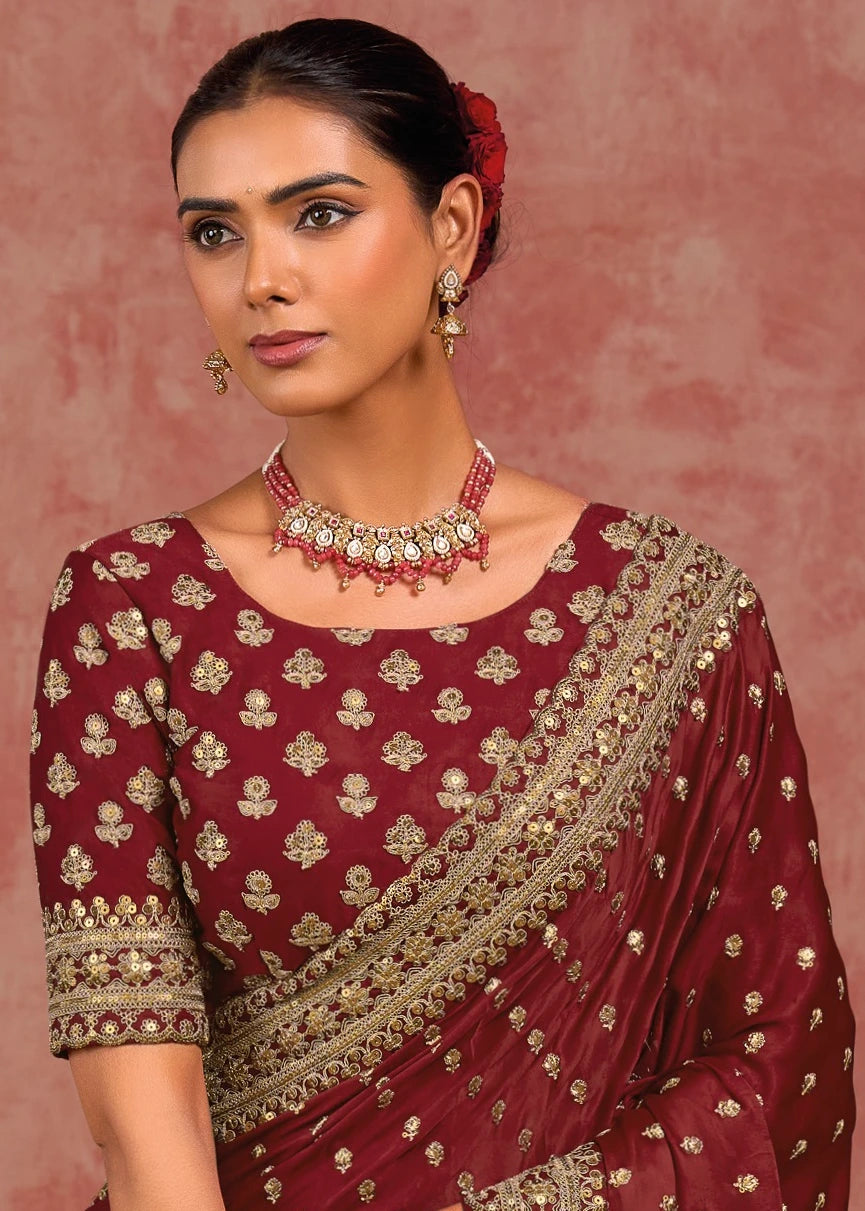 Deep Red & Golden Banarasi Silk Hand Embroidered Bridal Sequins Saree