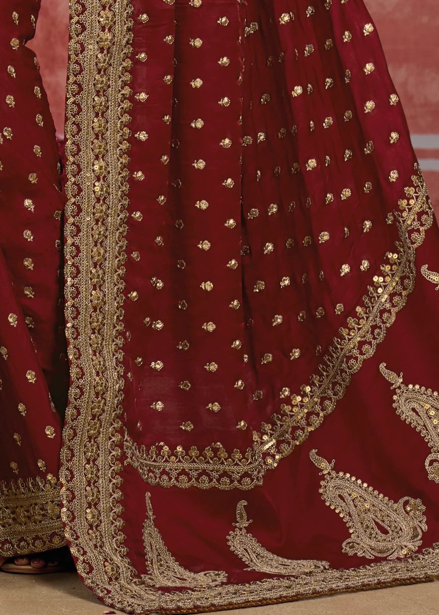 Deep Red & Golden Banarasi Silk Hand Embroidered Bridal Sequins Saree