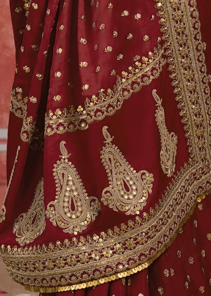 Deep Red & Golden Banarasi Silk Hand Embroidered Bridal Sequins Saree