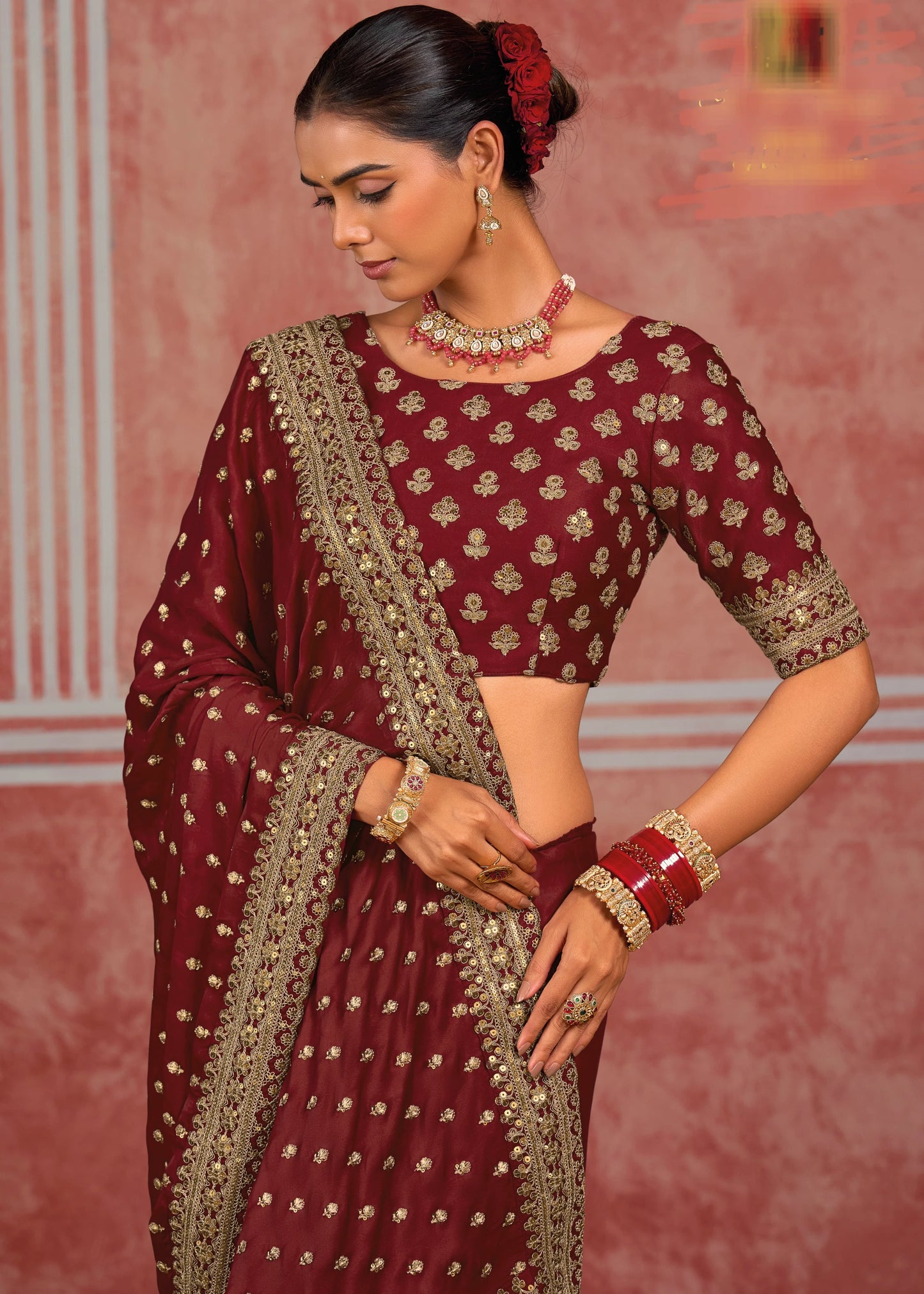 Deep Red & Golden Banarasi Silk Hand Embroidered Bridal Sequins Saree