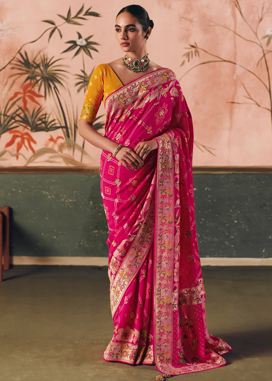 Pure Khaddi Georgette Hot Pink Bridal Bandhani Saree & Yellow Blouse
